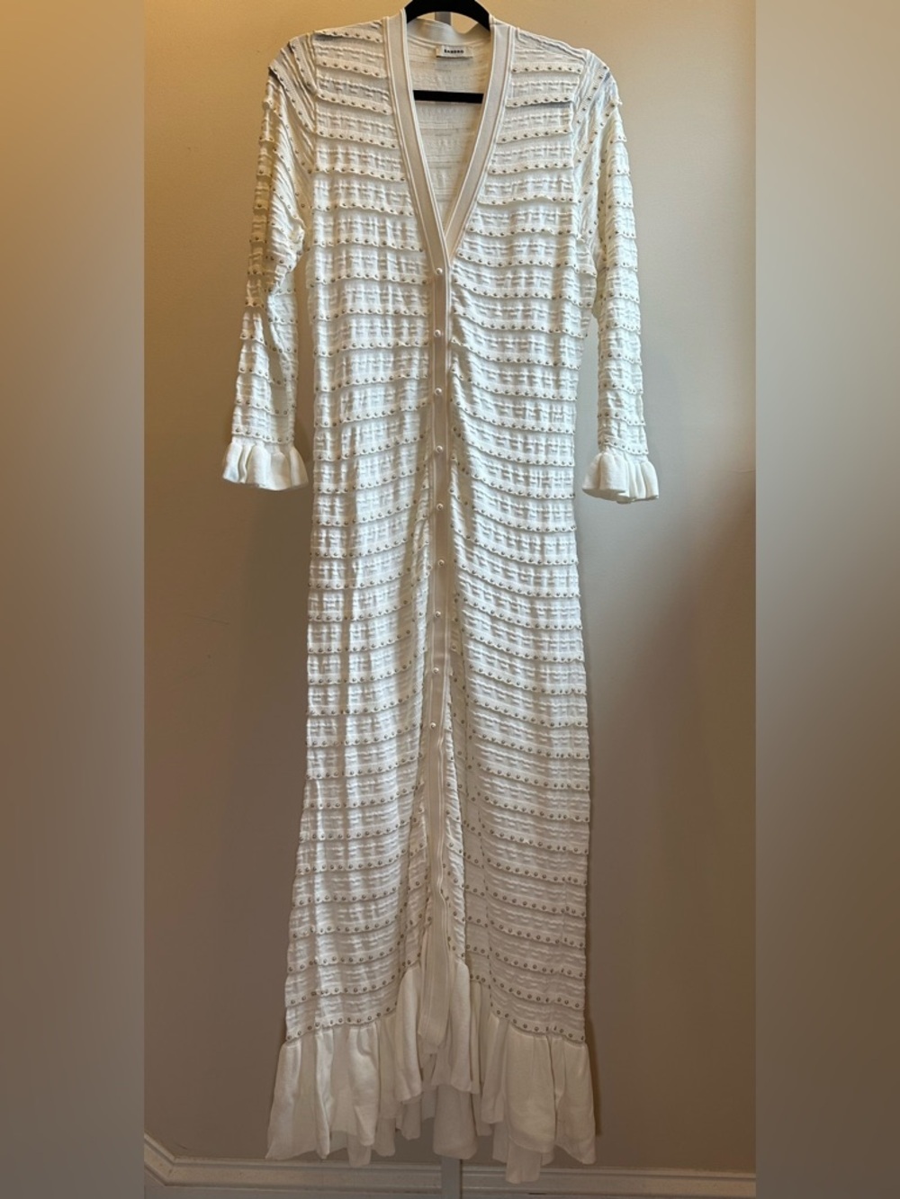 Sandro Beaded Knit Maxi Dress Size 42 Cream Faux Button Front - Picture 6 of 13
